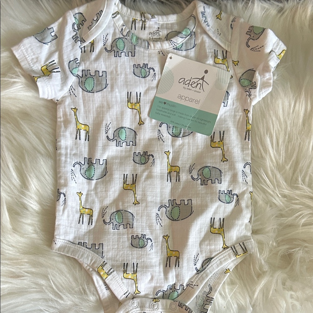 aden + anais White Bodysuit with Yellow and Gray Animal Print